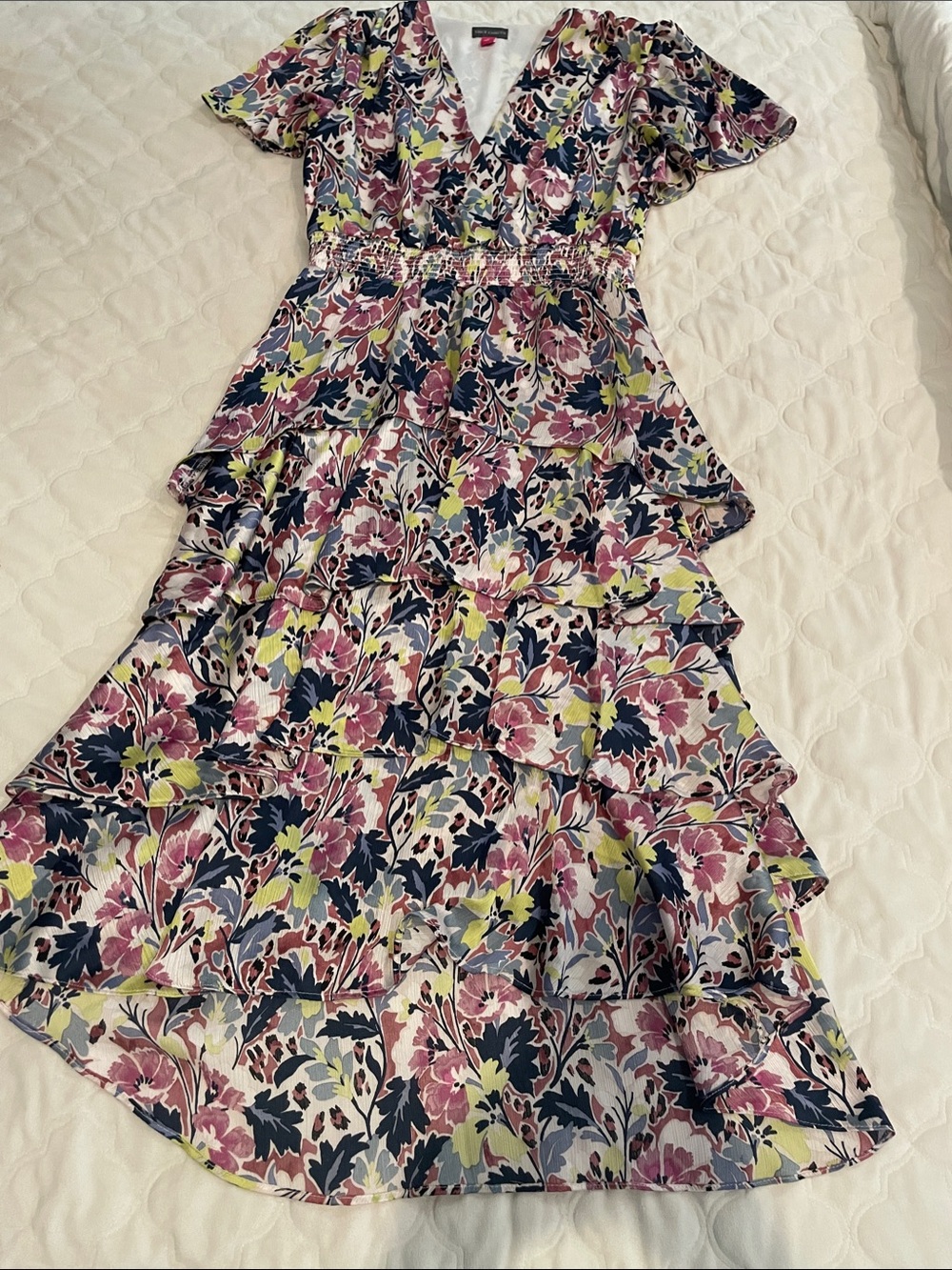 Vince Camuto Girls Floral Tiered Dress in Navy, Pink & Lime